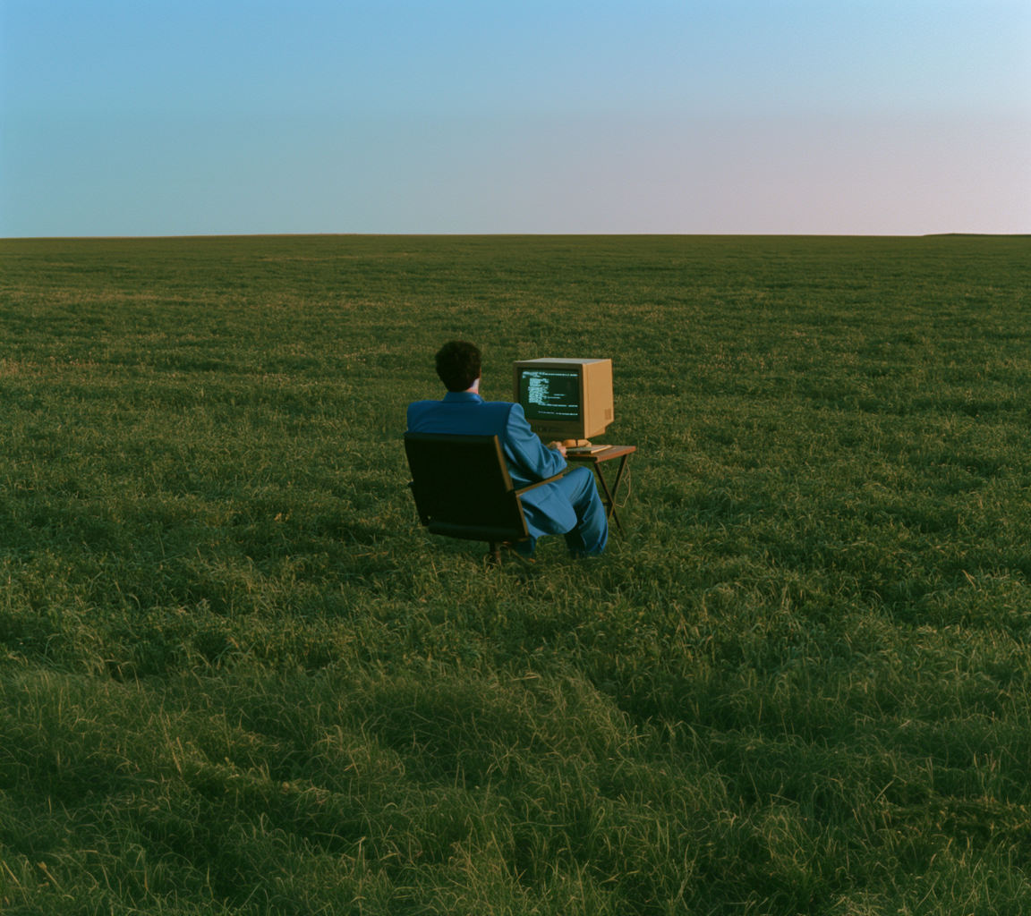 Person at a vintage CRT in a wide green field. The old way of learning work